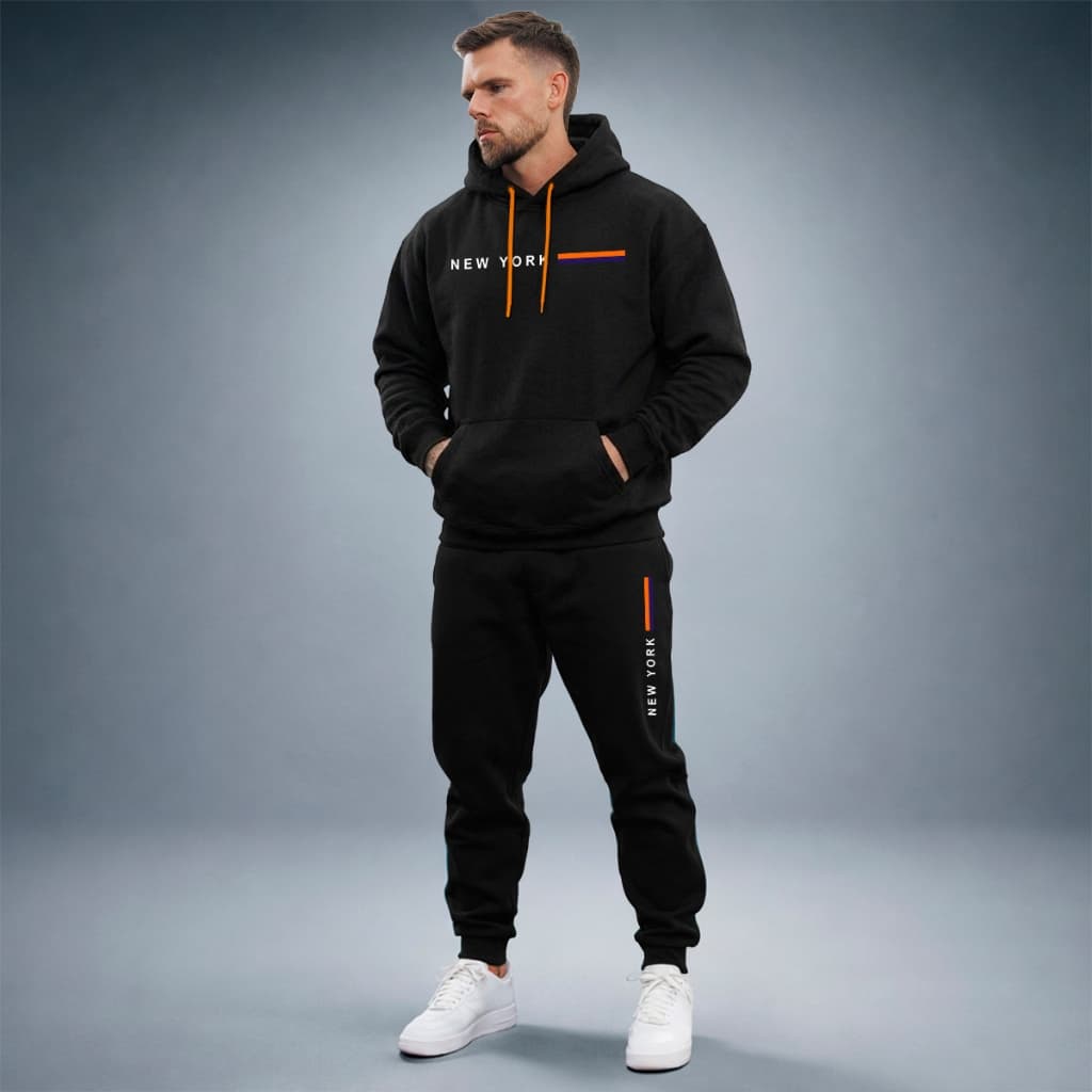 Conjunto De Frio Moletom New York Calça Jogger Blusa Canguru Capuz Bolso Algodão Quentinho Urbano
