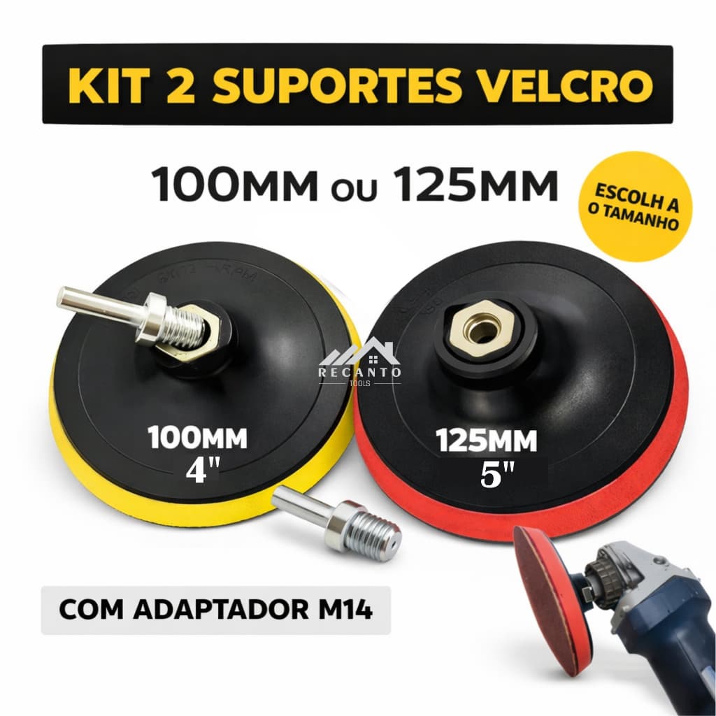 Kit 2 Suporte de Boina 100mm 4" ou 125mm 5" com Velcro para Furadeira e Esmerilhadeira + Adaptador Rosca M14