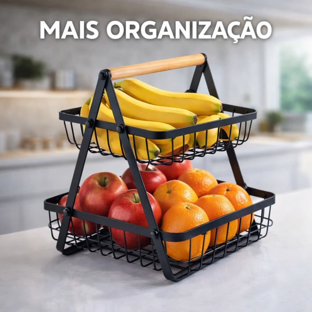 Fruteira Multiuso em Metal com Alça de Madeira 2 ou 3 Andares organizador cozinha cesta organizador