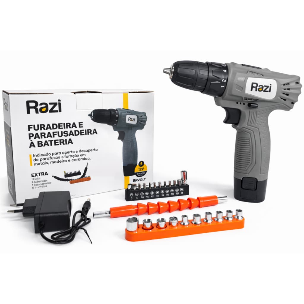 Furadeira e Parafusadeira á Bateria 12V Bivolt c/ 22 Acessórios Razi