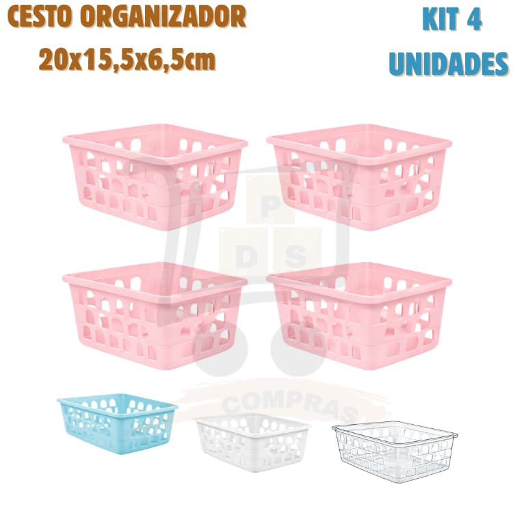 Kit 4 Cesto Organizador Multiuso Médio 20x15,5x6,5cm Armario Gaveta Geladeira Banheiro Cozinha Lavandeira