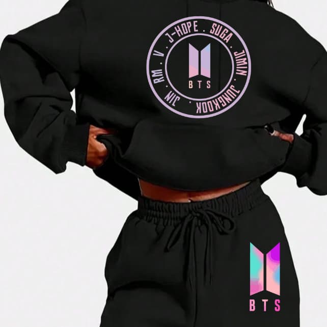 CONJUNTO MOLETOM E CALÇA, MOLETOM COM CAPUZ E BULSO FLANELADO BANDA BTS COLIRDO CIRCULO INTEGRANTES entrega imediata