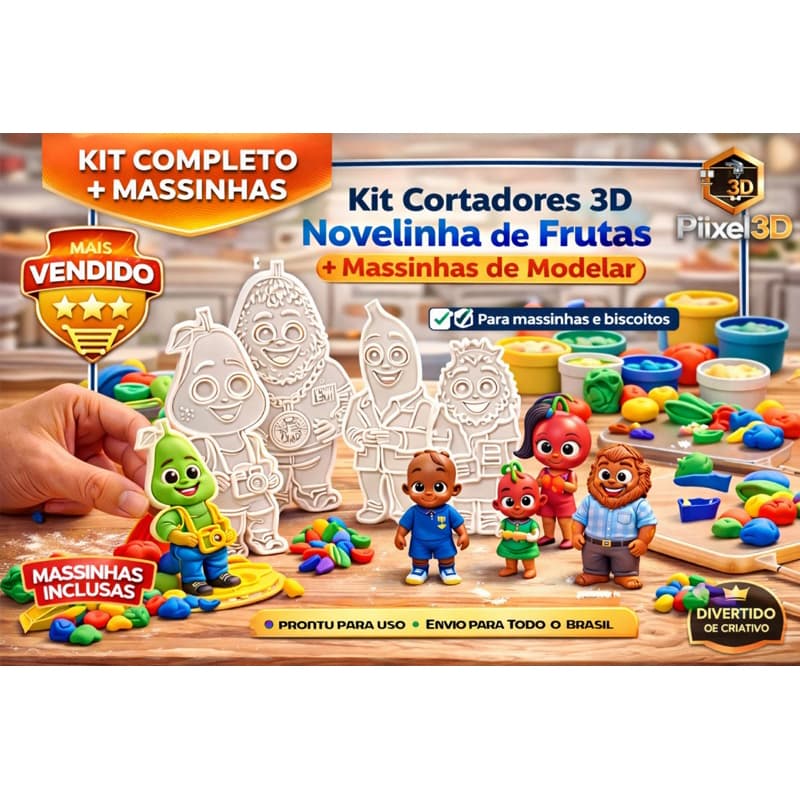 Kit C/8 Cortadores 3D Novelinha de Frutas + Massinha de Modelar | Crie Personagens em Biscoitos e Massinha Infantil