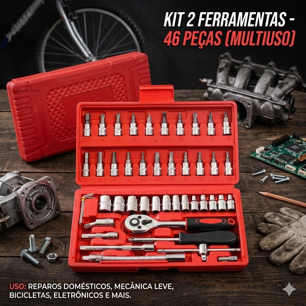 Kit 2 Ferramentas 46 Peças Jogo De Soquetes Chave Catraca Reversível Com Maleta Jogo De Ferramentas