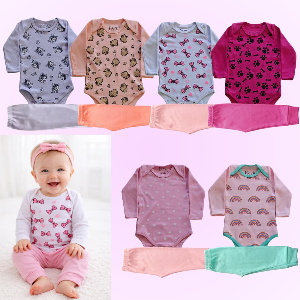 Conjunto Body Bebê Menina Manga Longa e Calça Sortidos Enxoval Roupa de Bebe Tamanho P ao GG