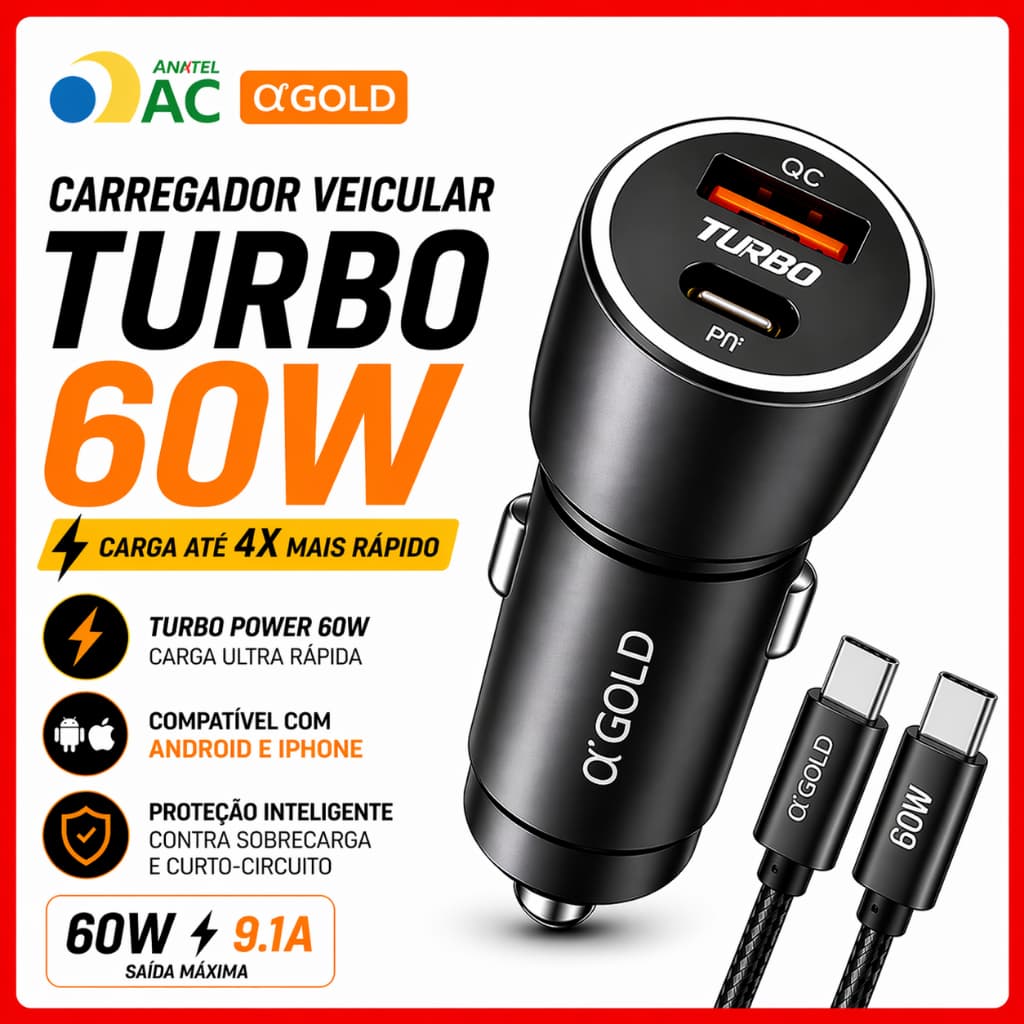 Carregador Veícular Turbo 60W PD + USB-C Com Cabo Tipo-C /Lightning Compatível Com Android e iPhone
