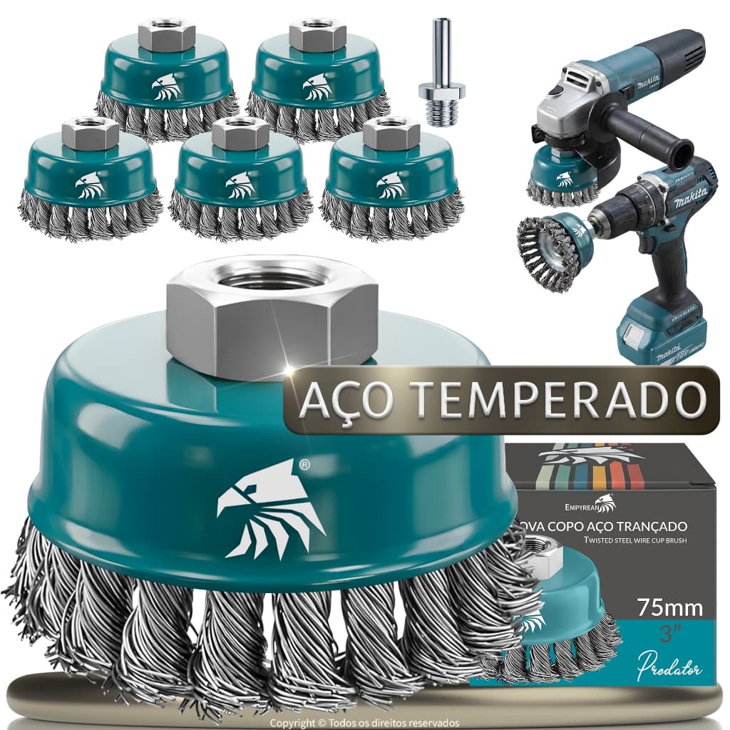Kit Escova Copo Trançada Aço Torcido M14 P/ Esmerilhadeira, Lixadeira, Furadeira - Remove Ferrugem