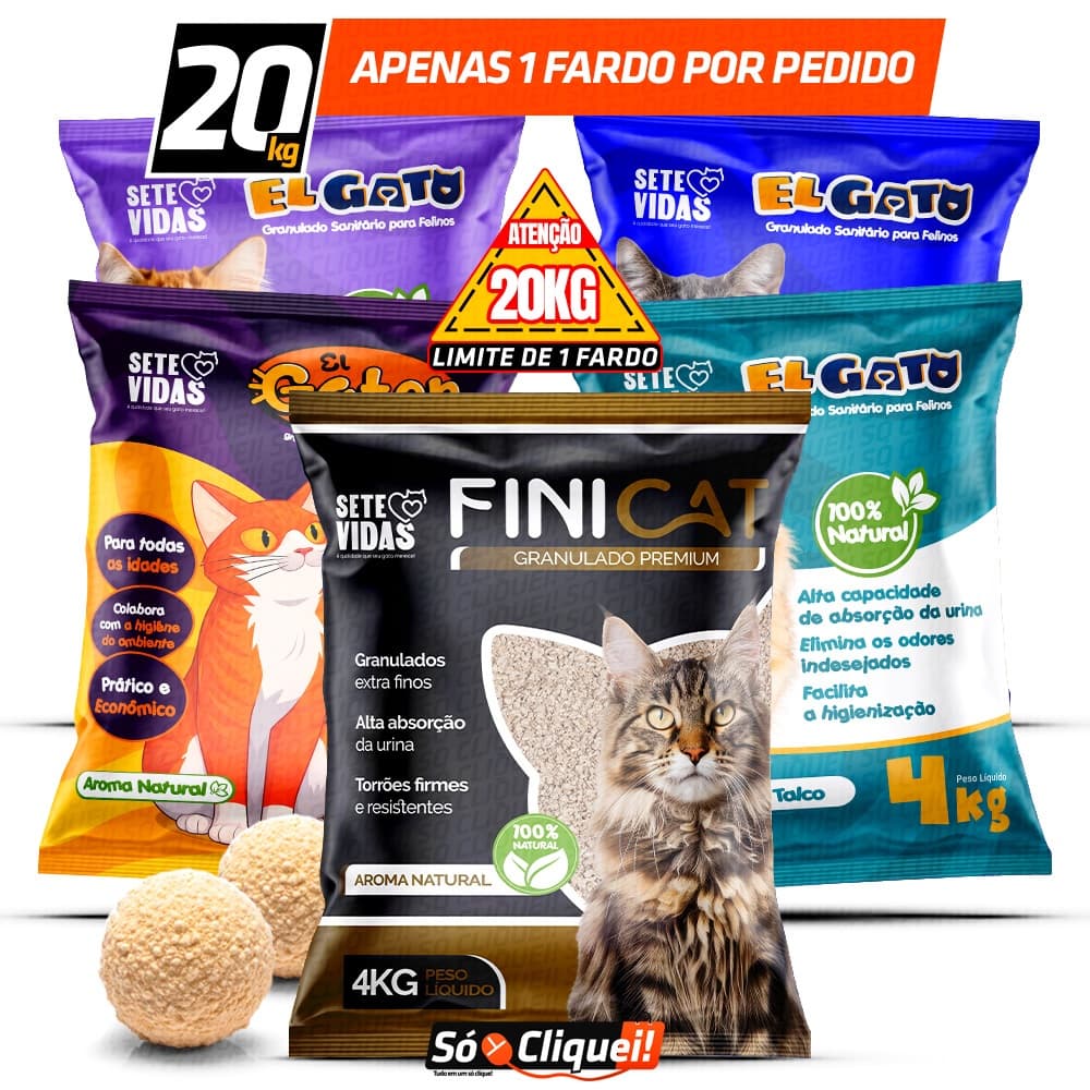 Kit 5 Pacotes Areia Sanitária Higiênica FiniCat e El Gato Grãos Finos c/ Alta Absorção Forma Torrões Firmes e Perfumados