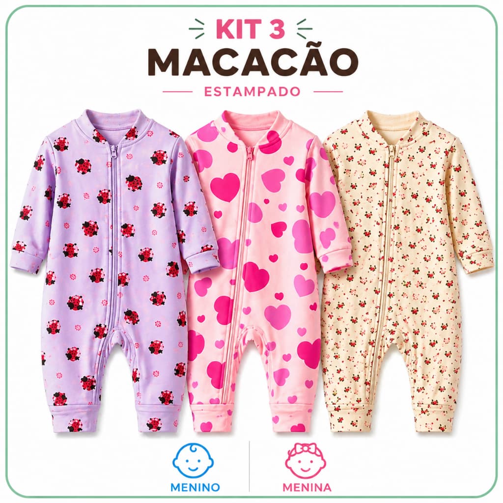 Kit 3 Macacões Bebê Menina Estampados – Conforto e Delicadeza para o Enxoval