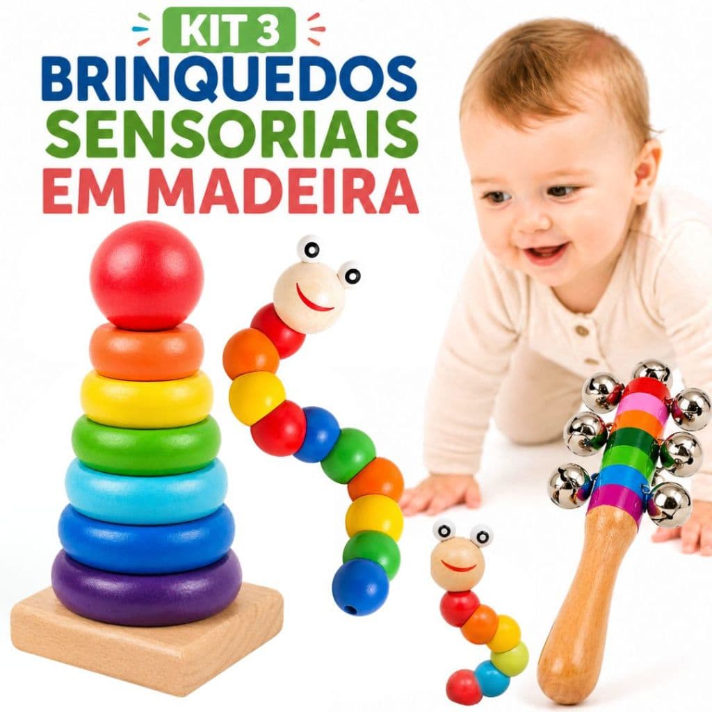 KIT Brinquedo Educativo Montessori Torre Colorida Coordenação MDF Empilhar Brinquedos Formas Encaixe + 2 Brinquedos