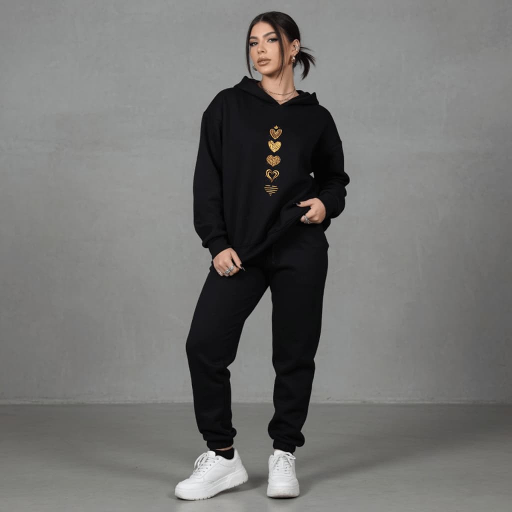 Conjunto Feminino de Moletom Canguru Calça Kit Estampada 5 Coraçãoes 100% Algodão Blusa De Frio Capuz Cadarço Bolso