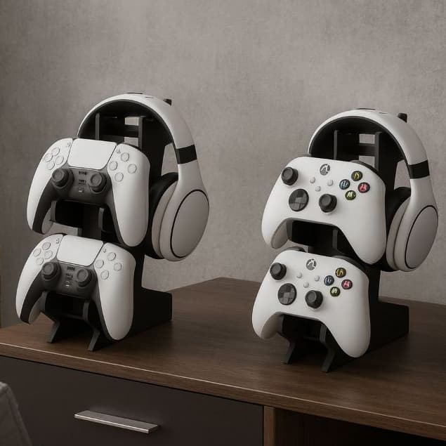 Kit 2 Unidades Suporte Duplo Controle Video Game e Fone de Ouvido Headset Mdf Preto