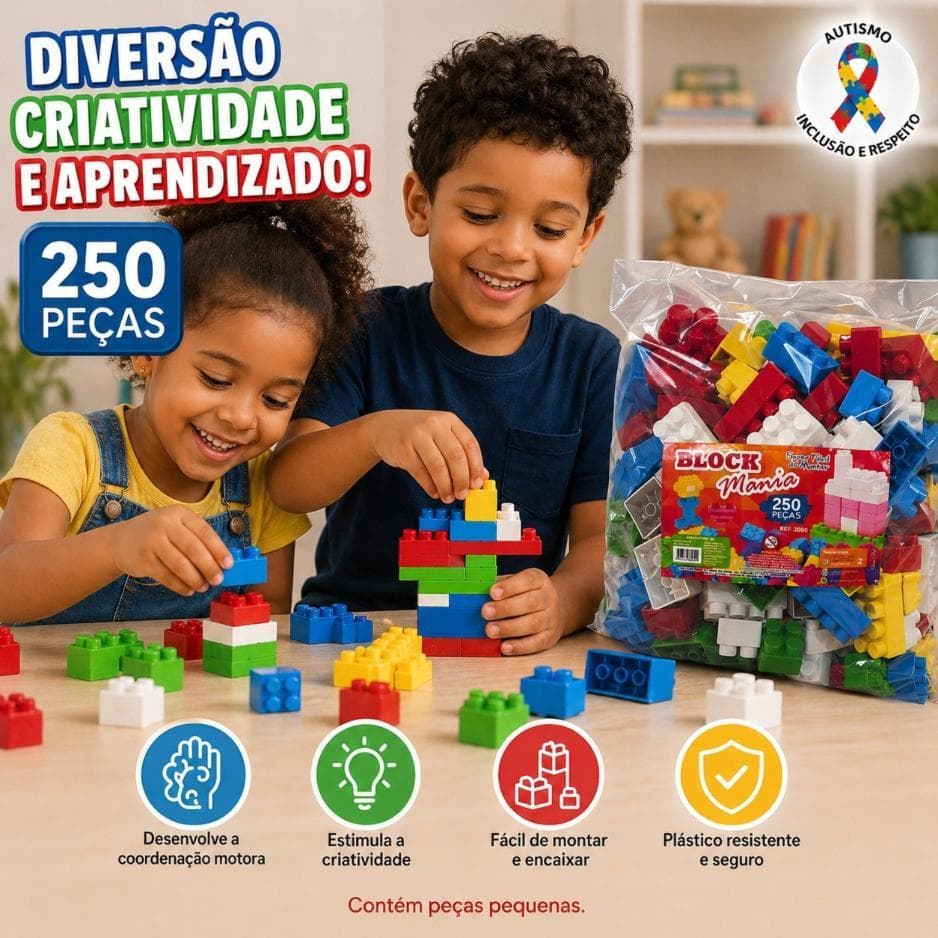 Bloco De Montar Infantil 250 Peças Coloridas Lego Saco Ziplock Brinquedo Peças de Montar Infantil