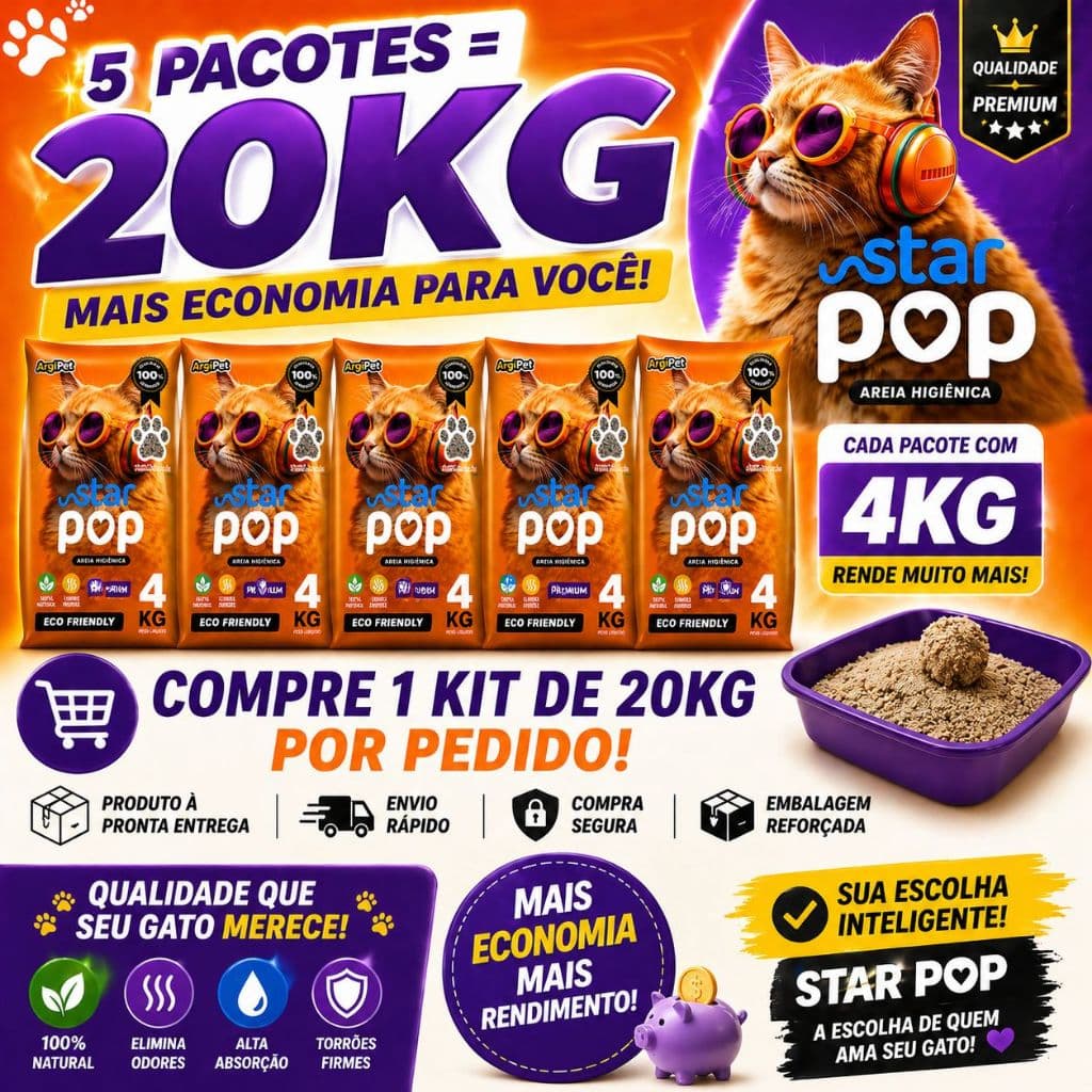 Kit 5 Areia Higiênica Sanitária Star Pop Premium Grãos Médios Para Gatos 4kg Natural Argila