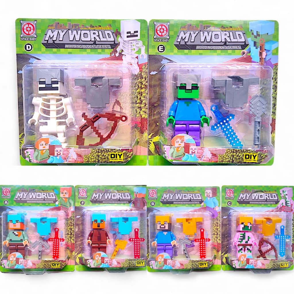 Kit 2 Bonecos Mine World Articulados 8cm C/ Acessórios