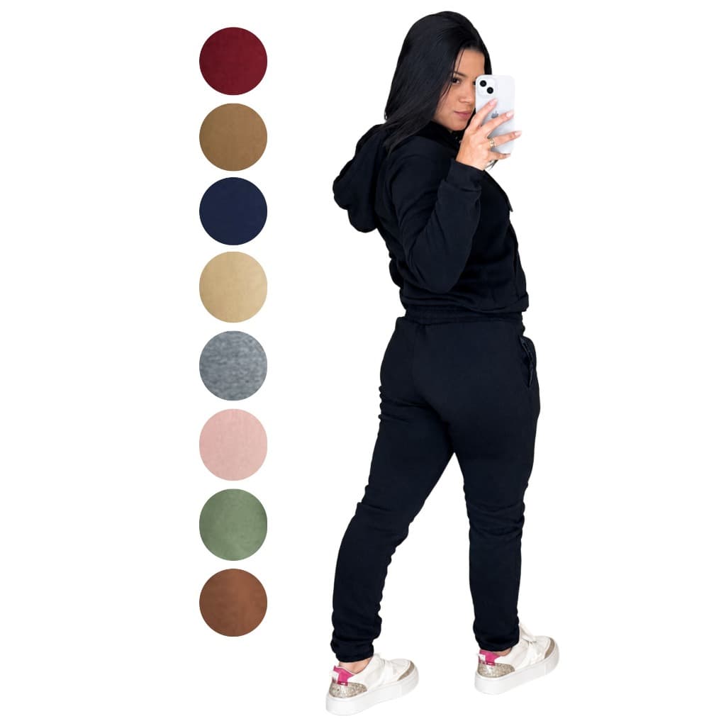 Conjunto Moletom Feminino Zíper Capuz Flanelado Casual Confortável