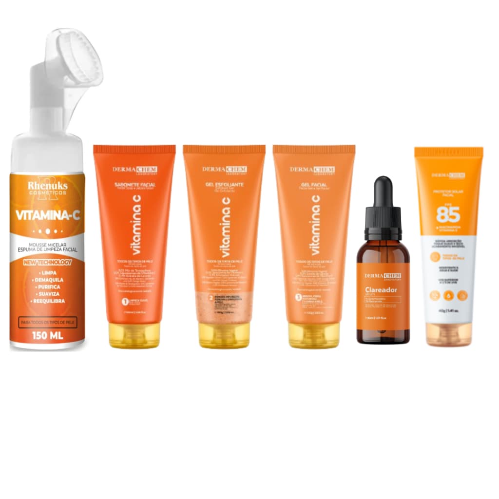 Kit Skincare Vitamina C : Sabonete + Esfoliante + Gel Hidratante + Sérum Clareador + Mousse Micelar + Protetor FPS85
