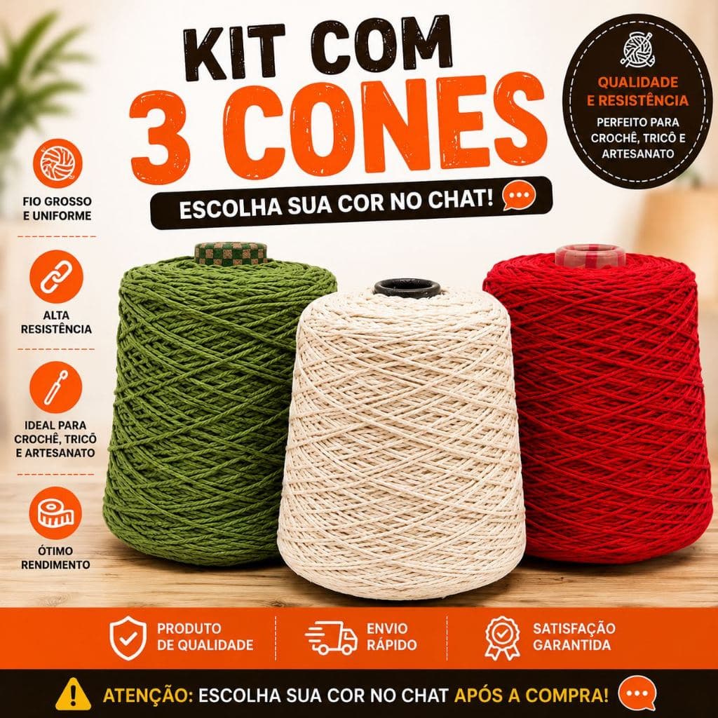 Kit 3 Cones de Barbantes Fios 8 ou 6 de 1Kg Ótima Qualidade Para Crochê / Linha Macia, Não Desbota!