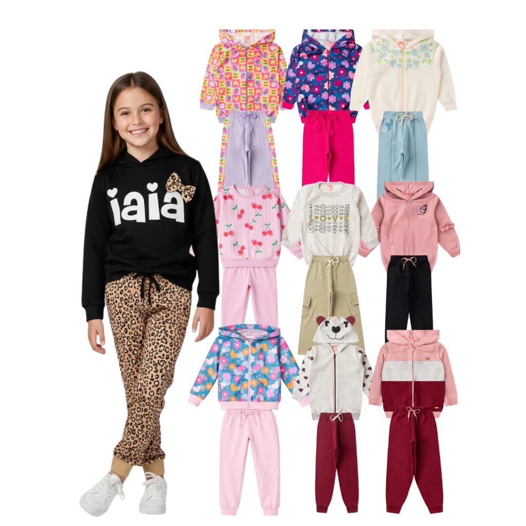 Kit 6 Peças Conjunto Infantil Menina Moletom Peluciado Quentinho 3 Casacos + 3 Calças 1 ao 12 Anos