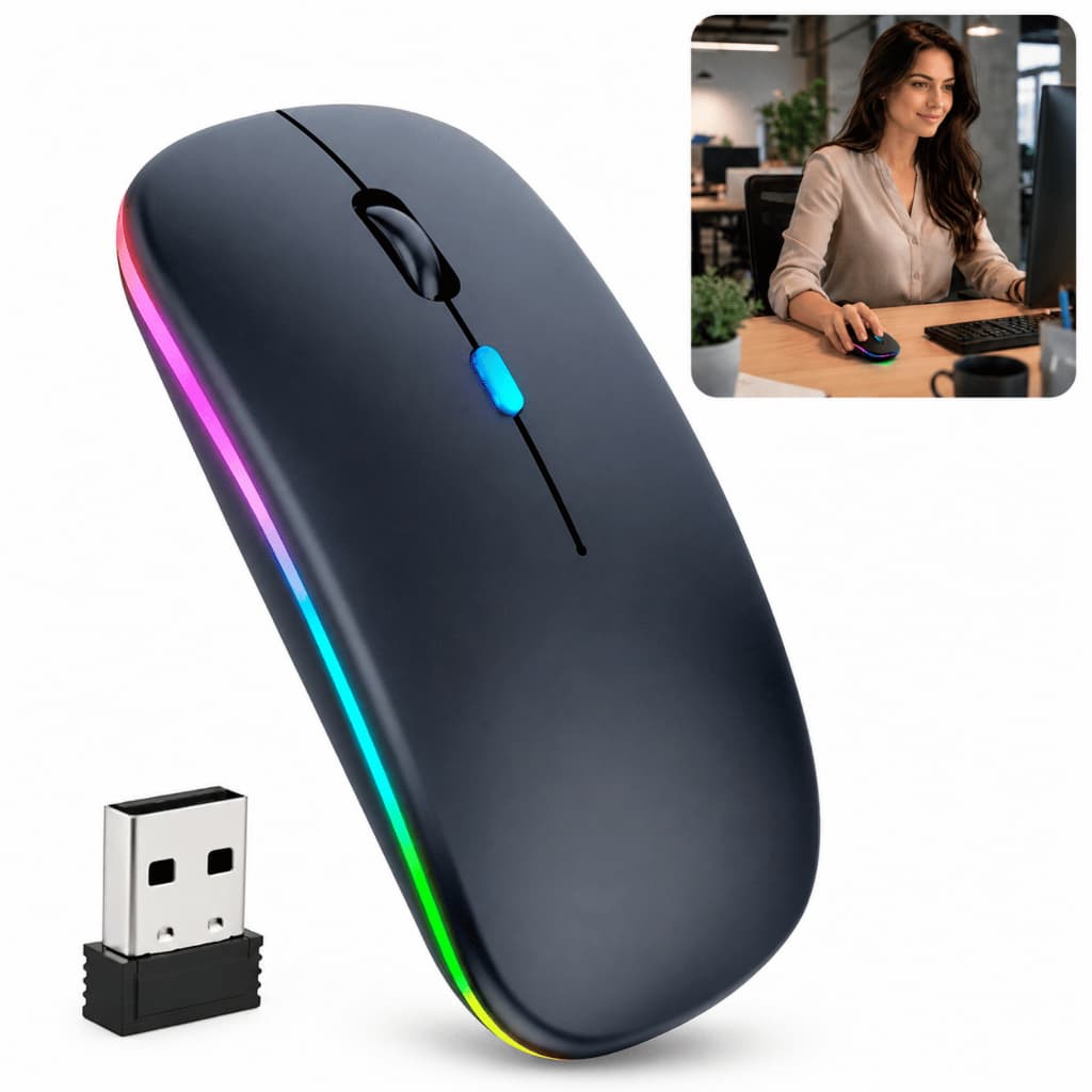 Mouse Sem Fio Recarregável RGB Bluetooth USB Silencioso Para Notebook PC Tablet