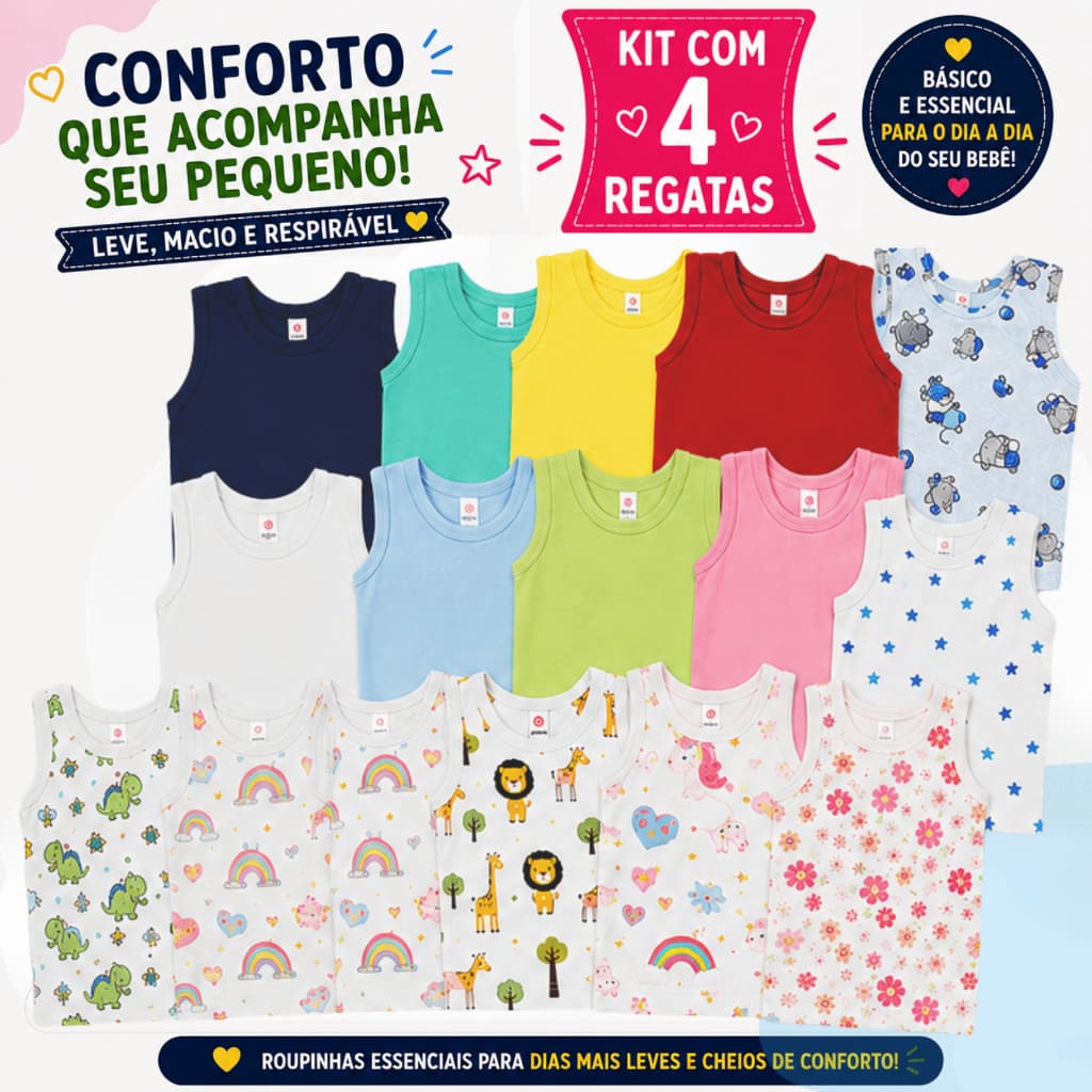 Kit 4 Regatas Camisetas bebê Pijama Menino Menina Lisas estampadas Verão Enxoval Bebê 100% Algodão