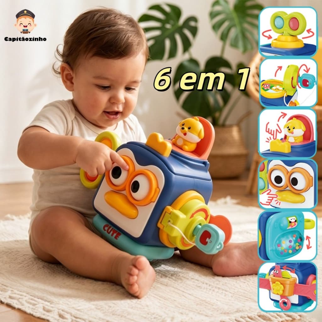 Brinquedo Educativo Cubo Sensorial 6 Lados Pinguim | Montessori para Bebê 6M+