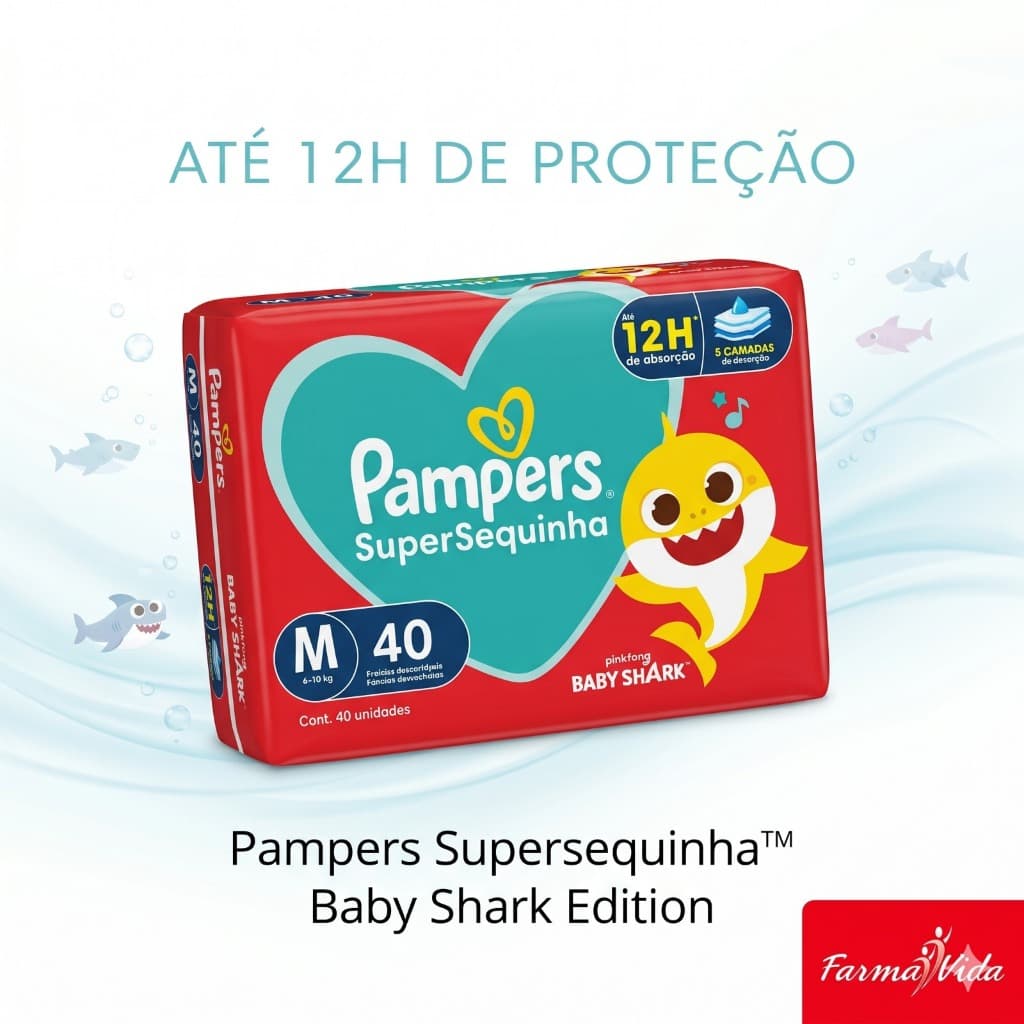 Fralda Descartável Pampers Supersequinha Baby Shark | Fralda Confortável e Ultra Seca