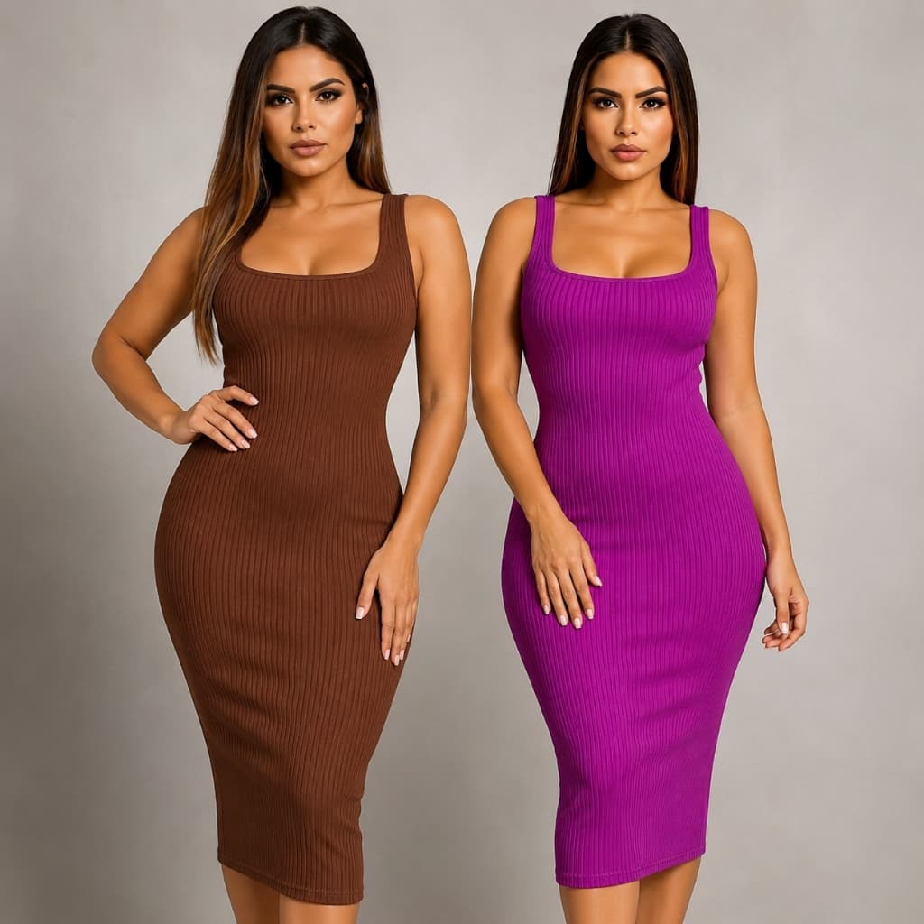 Vestido Midi Canelado Justo Feminino com Alças Largas e Decote Quadrado – Confortável e Estiloso