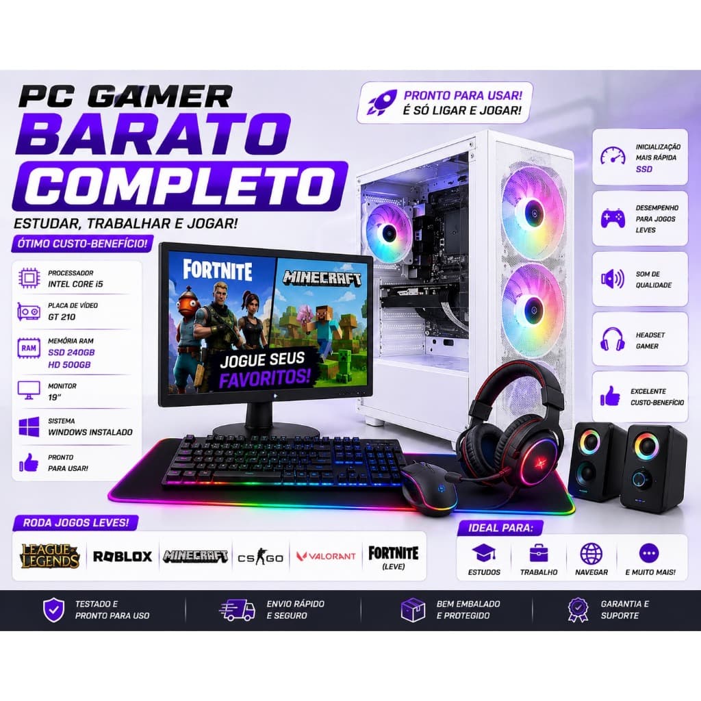 PC Gamer Barato Completo i5 GT 210 SSD+HD 500GB Headset Gamer Monitor 19 Windows