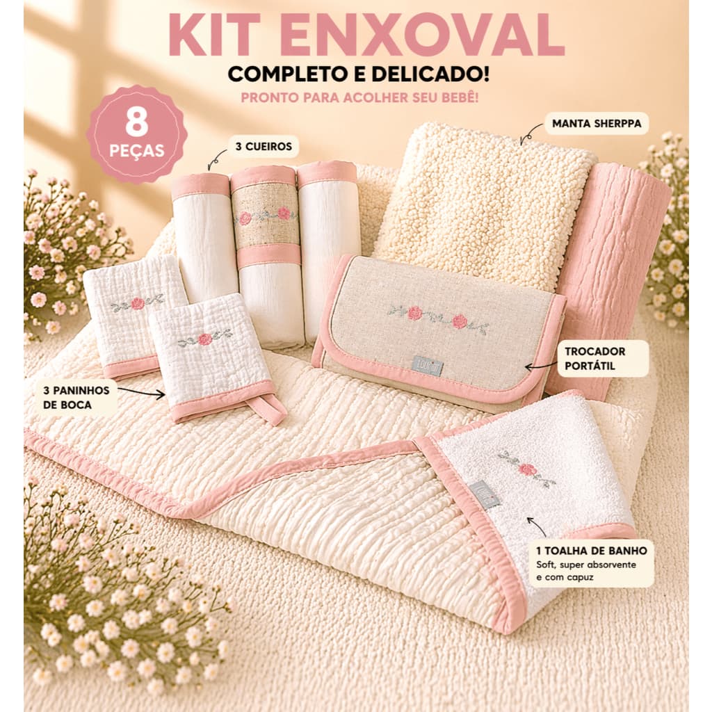 Kit Enxoval Bebê Recém-Nascido 8 Peças 100% Algodão Menino Menina Toalha Banho Cueiro Manta Sherpa Trocador Swaddle
