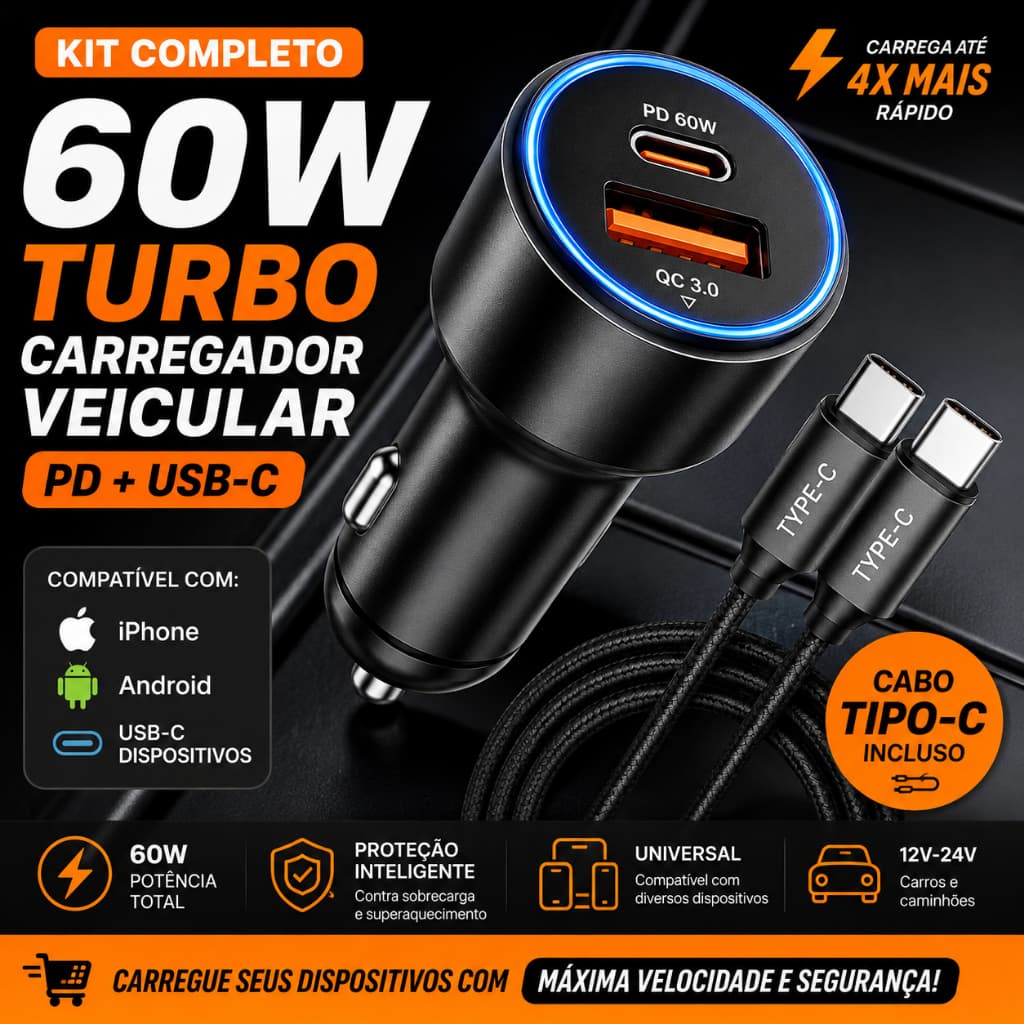 Carregador Turbo Veicular 60W PD USB-C Cabo Tipo C iPhone Android