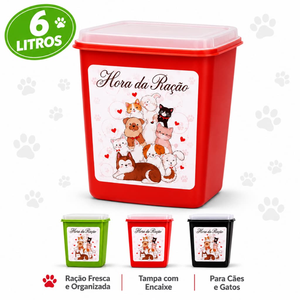 Porta Ração Cachorro Gato 6L Plástico Adesivado Tampa Organizador Pet Colorido Hora da Ração