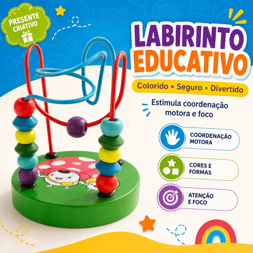 Mini Aramado de Madeira Montessori – Brinquedo Educativo Labirinto de Bolinhas Coloridas