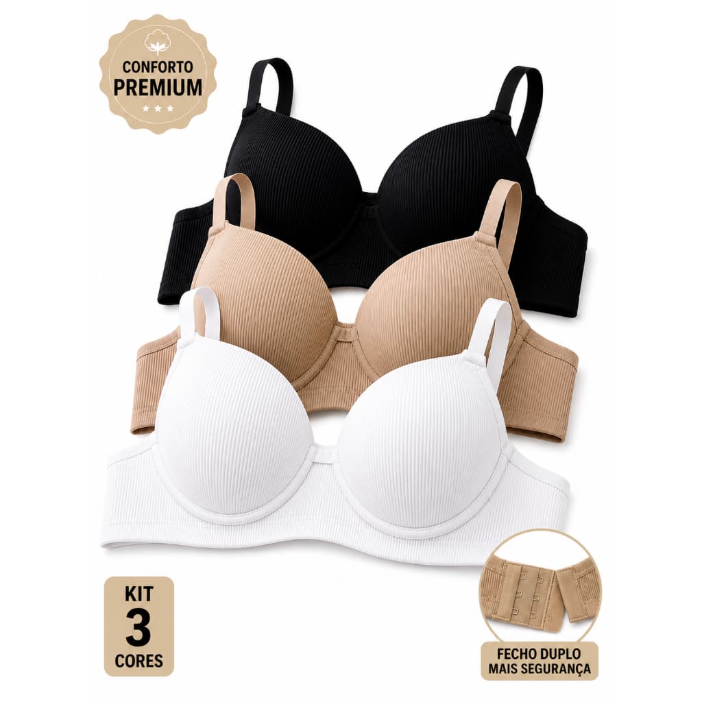 Kit 3 Sutiã Básico Reforçado Canelado Com Bojo Veste do P ao GG PROMOÇÃO