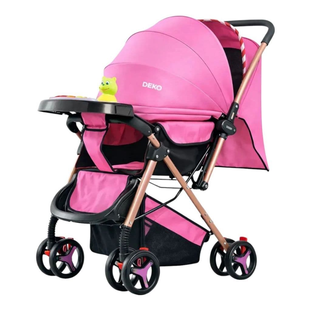 Carrinho De Bebê de Passeio Feminino Compacto Dobrável Com Bandeja Musical E Capota Rosa Preto C/Rodinhas Para Meninas
