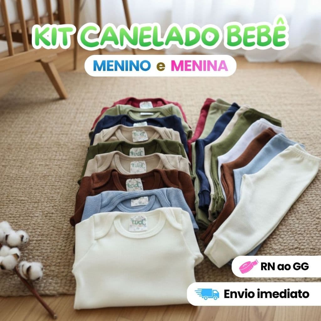 Kit até 10 Peças Conjunto Bebê Pagão Canelado Body + Mijão RN ao GG Algodão Conforto Menino Menina