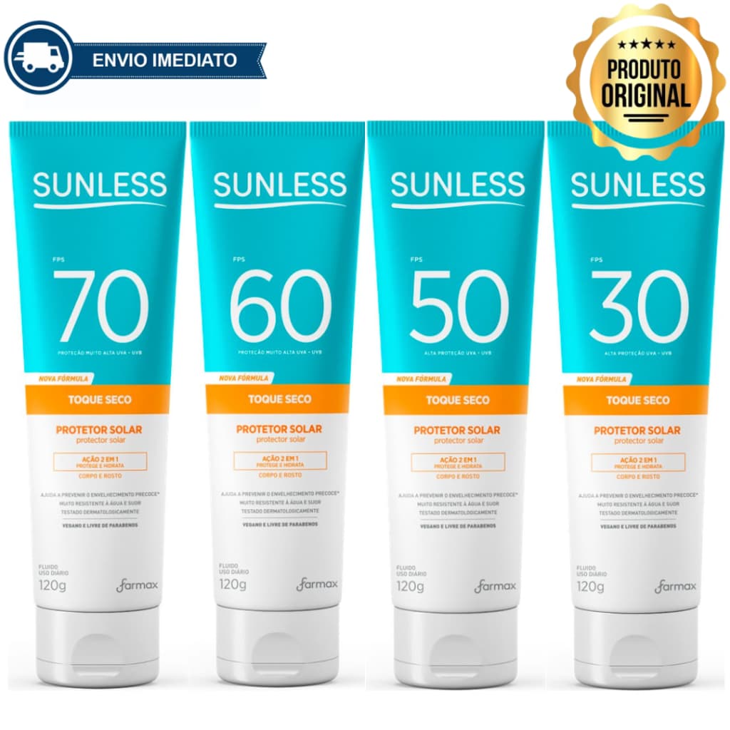 PROTETOR SOLAR CORPORAL E FACIAL TOQUE SECO E LONGA DURAÇÃO NA PELE 120G SUNLESS ENVIO IMEDIATO