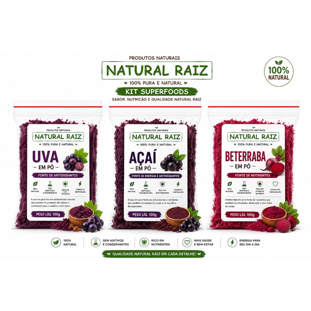 Kit Uva Em Pó + Beterraba Em Pó + Açaí Em Pó - Natural Raiz