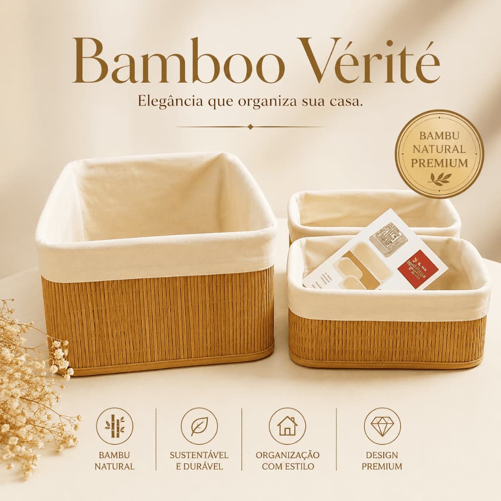 Kit 3 Cestos Organizador Bamboo Vérité Natural / Organizador Multiuso Elegante: Banheiro, Cozinha