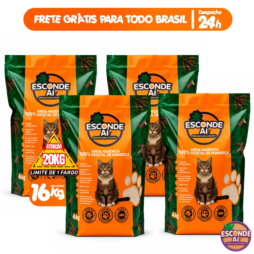 Kit 4 Pacotes Areia de Mandioca Sanitária Esconde Ai 16KG Granulado Higiênico Forma Torrões Zero Odor