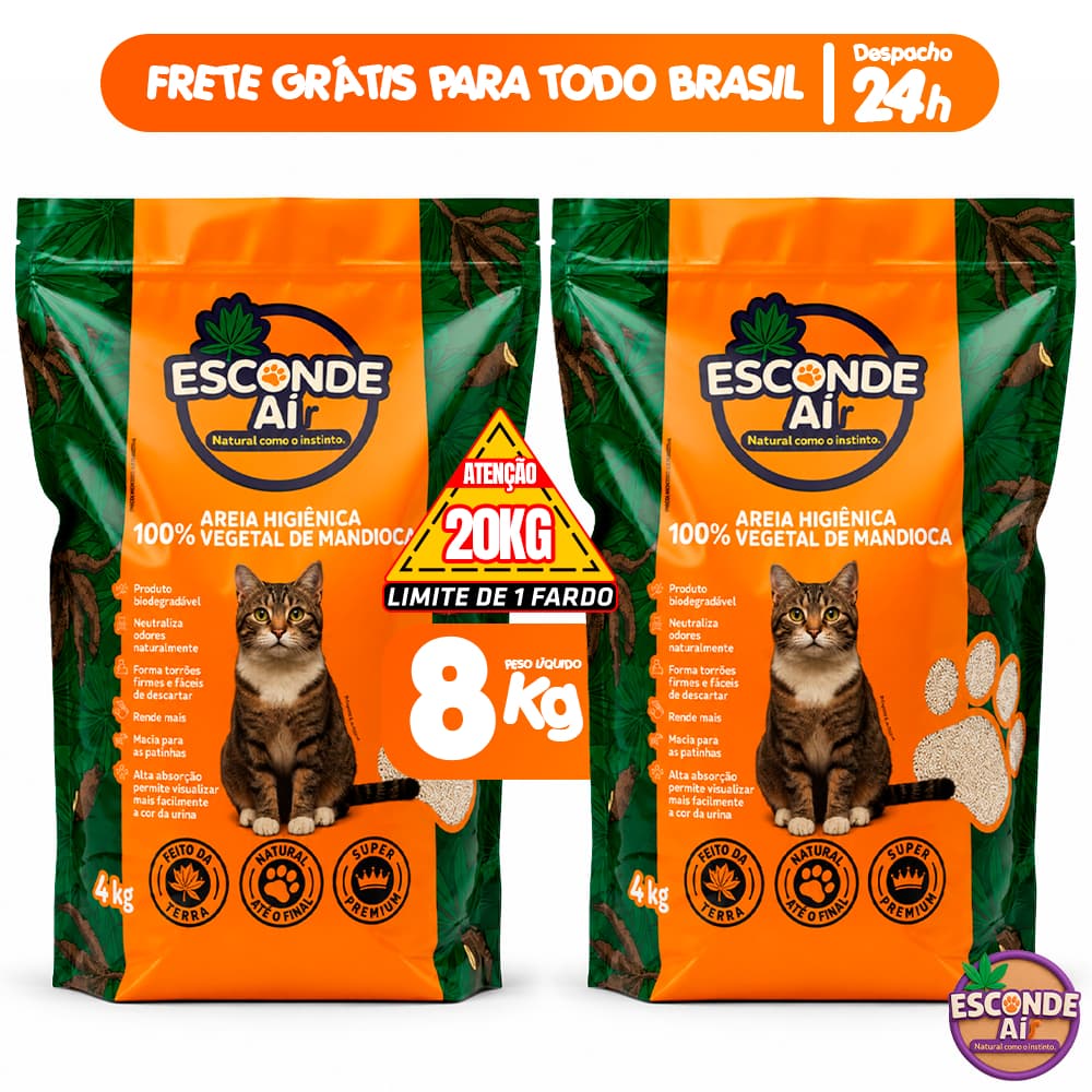 Kit 2 Pacotes Areia Sanitária de Mandioca Esconde Ai 8KG Granulado Higiênico Para Gato Forma Torrões