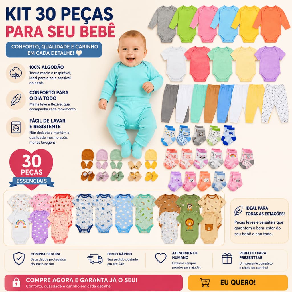 Kit 30 Pçs Roupas de Bebê Body Enxoval saida de Maternidade Menino/ Menina / Neutro