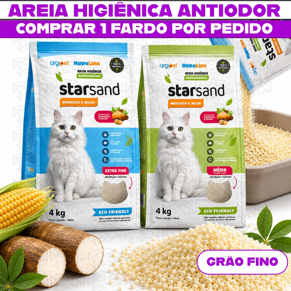 Areia Higiênica Biodegradável Sanitária Grãos Finos – Milho e Mandioca (100% Natural)