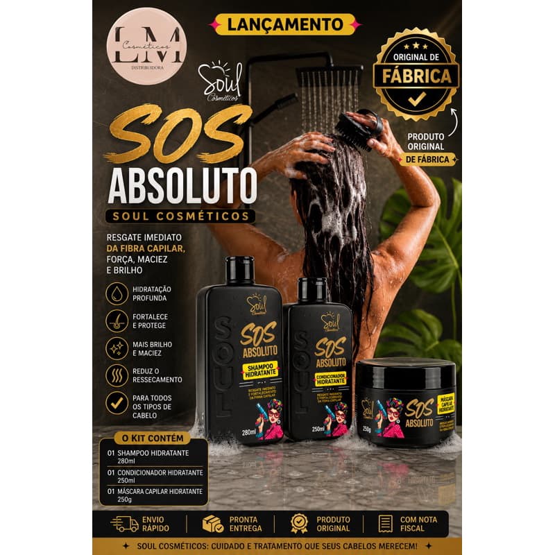 KIT SOS ABSOLUTO SOUL COSMÉTICOS – SHAMPOO + CONDICIONADOR + MÁSCARA HIDRATANTE