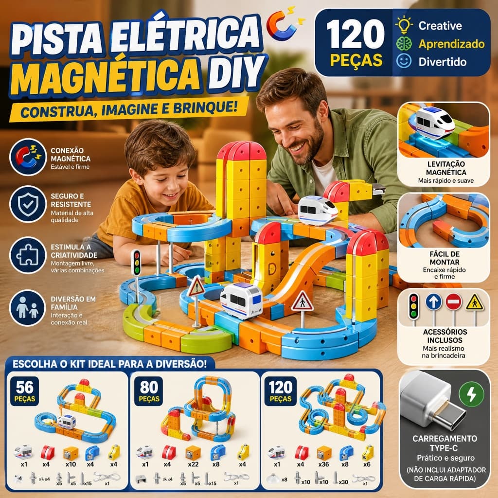 Trem Magnético Elétrico Brinquedo Educativo com Trilho 3D Anti-Gravidade para Crianças Desenvolver Criatividade