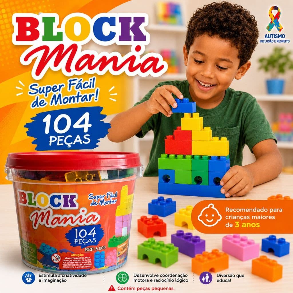 Blocos Montar 104 Peças + Balde Organizador Brinquedo Educativo Infantil Monta Monta 3 Anos