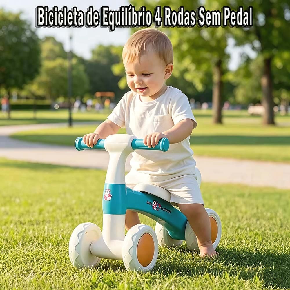 Bicicleta de Equilíbrio 4 Rodas Sem Pedal, Andador Infantil Resistente para Bebês e Crianças – Estável e segura！