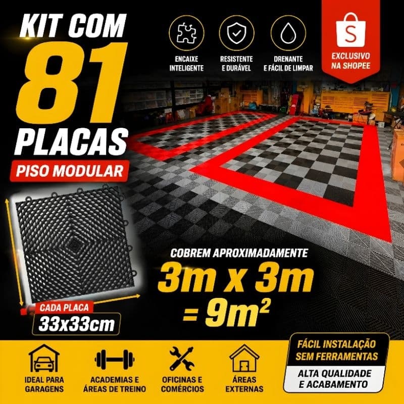 kit 9m² (81un) piso modular automotivo - 3m x 3m