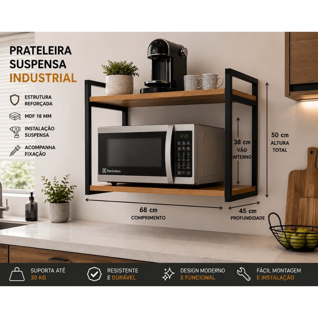 Prateleira Suspensa Industrial Para Micro Ondas Air Fryer Nicho Organizador Cozinha Multiuso MDF e Metalonl