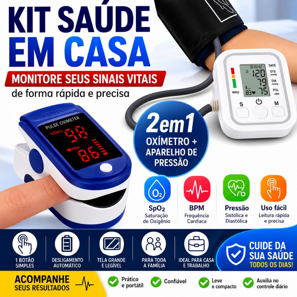Kit Saúde em Casa Oxímetro Digital + Aparelho de Pressão Arterial Digital
